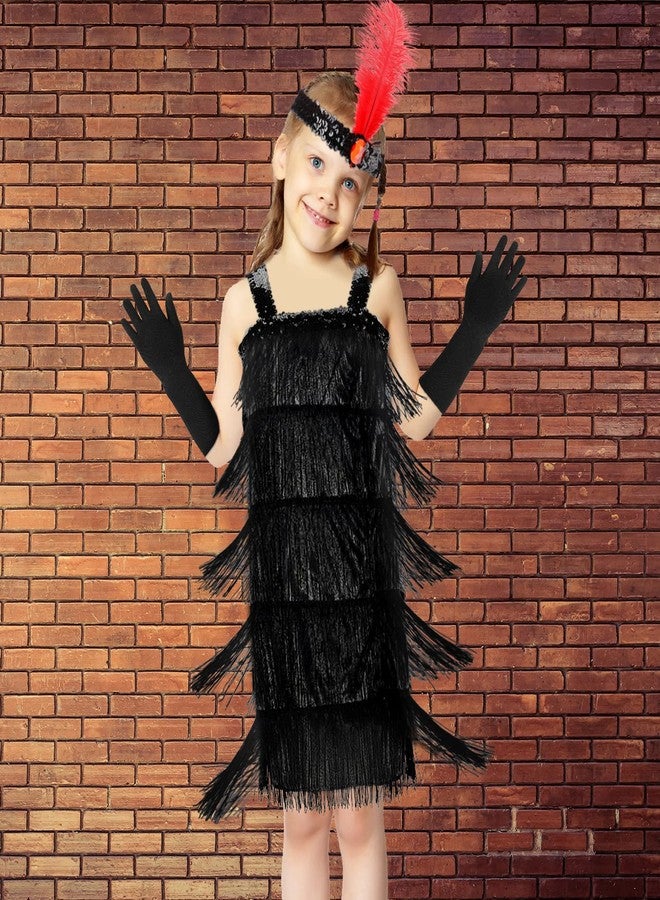 Seematn 4 Pieces Girl's 20s Flapper Dresses Costume Set Feather Headband Fringed Dresses Gloves for Halloween Party(One Size,Black) - Image 4